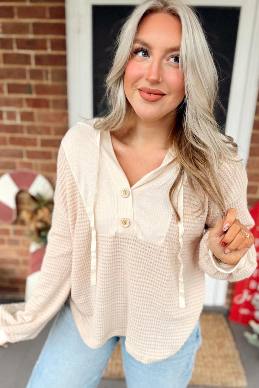 Women Long Sleeve Tops | Oatmeal Waffle Patchwork Drop Shoulder Hooded Long Sleeve Top