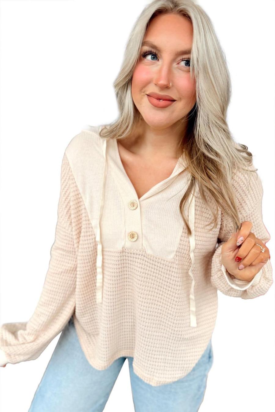 Women Long Sleeve Tops | Oatmeal Waffle Patchwork Drop Shoulder Hooded Long Sleeve Top