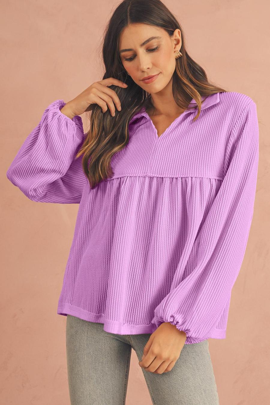 Women Long Sleeve Tops | Phalaenopsis Corded Turn-Down Collar Bubble Sleeve Babydoll Top