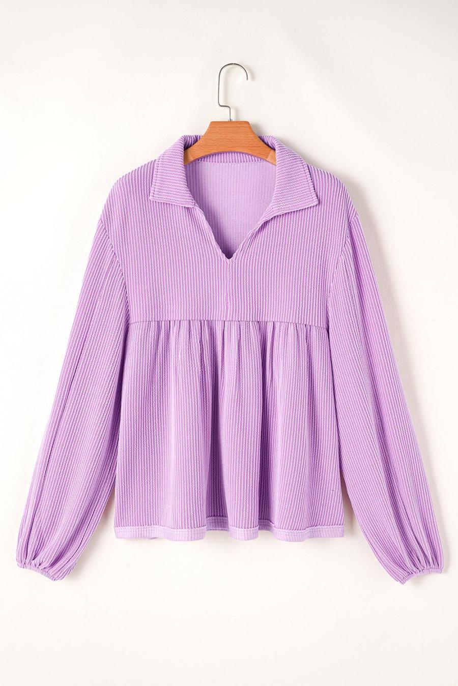 Women Long Sleeve Tops | Phalaenopsis Corded Turn-Down Collar Bubble Sleeve Babydoll Top