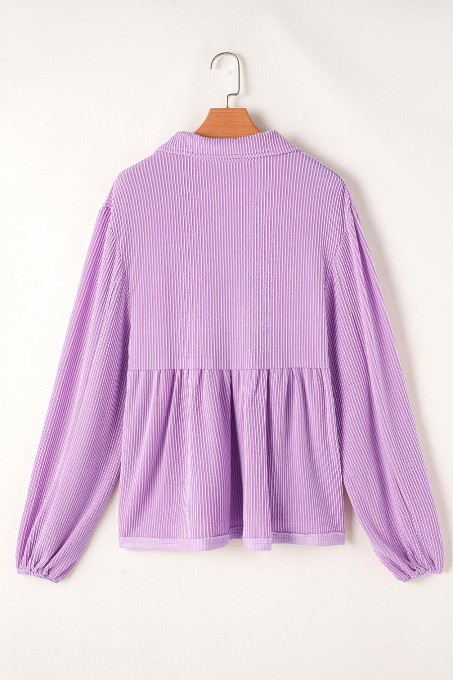 Women Long Sleeve Tops | Phalaenopsis Corded Turn-Down Collar Bubble Sleeve Babydoll Top