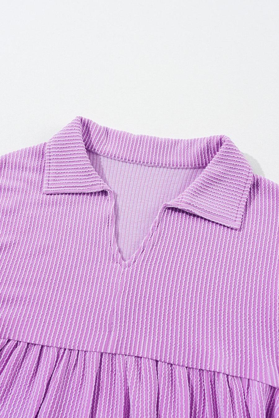 Women Long Sleeve Tops | Phalaenopsis Corded Turn-Down Collar Bubble Sleeve Babydoll Top