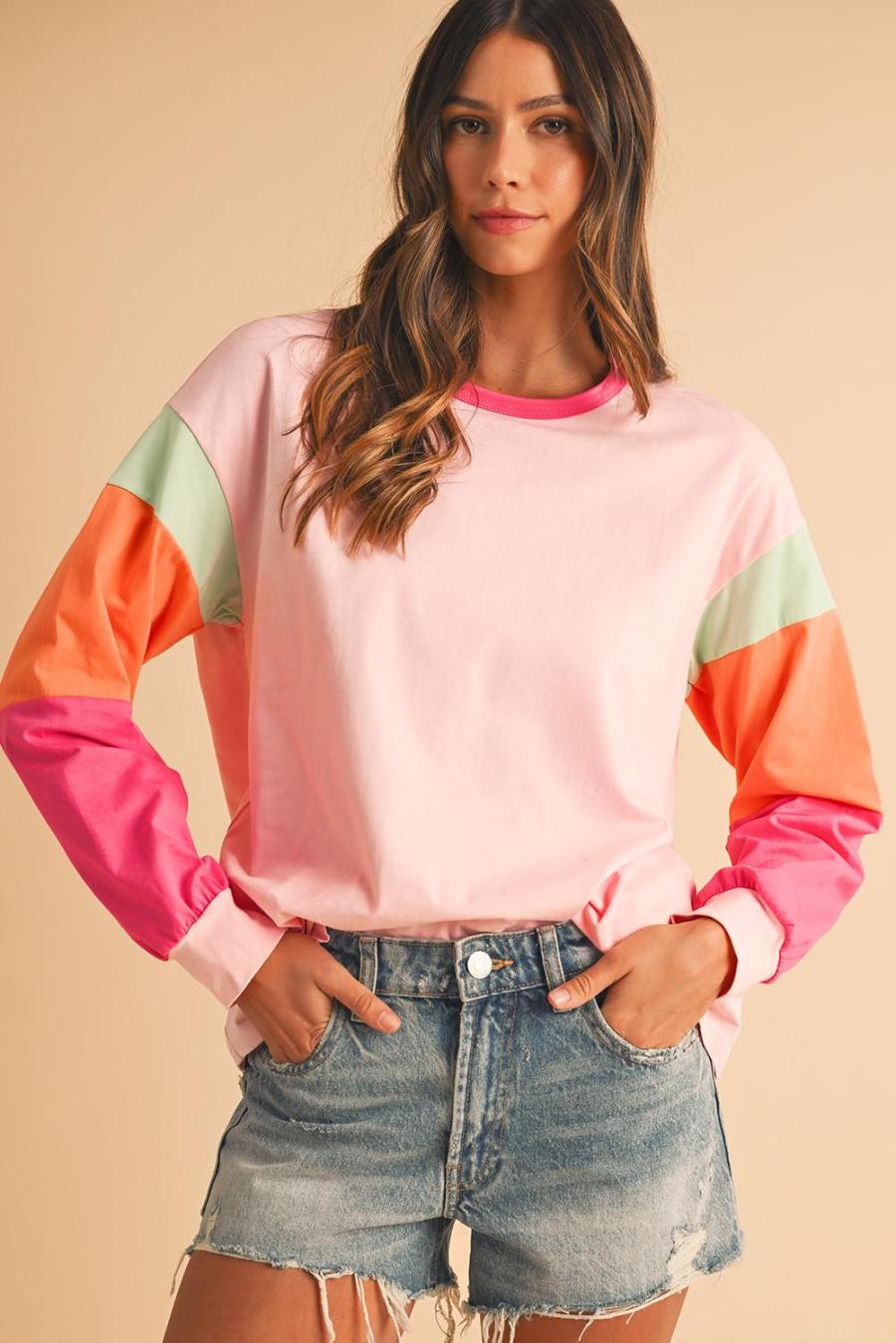 Women Long Sleeve Tops | Pink Color Block Sleeve Loose Fit Top