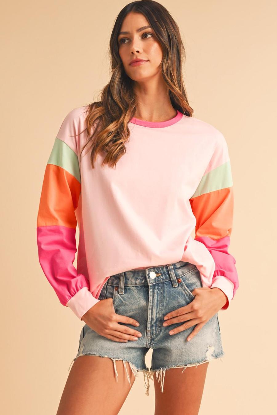 Women Long Sleeve Tops | Pink Color Block Sleeve Loose Fit Top