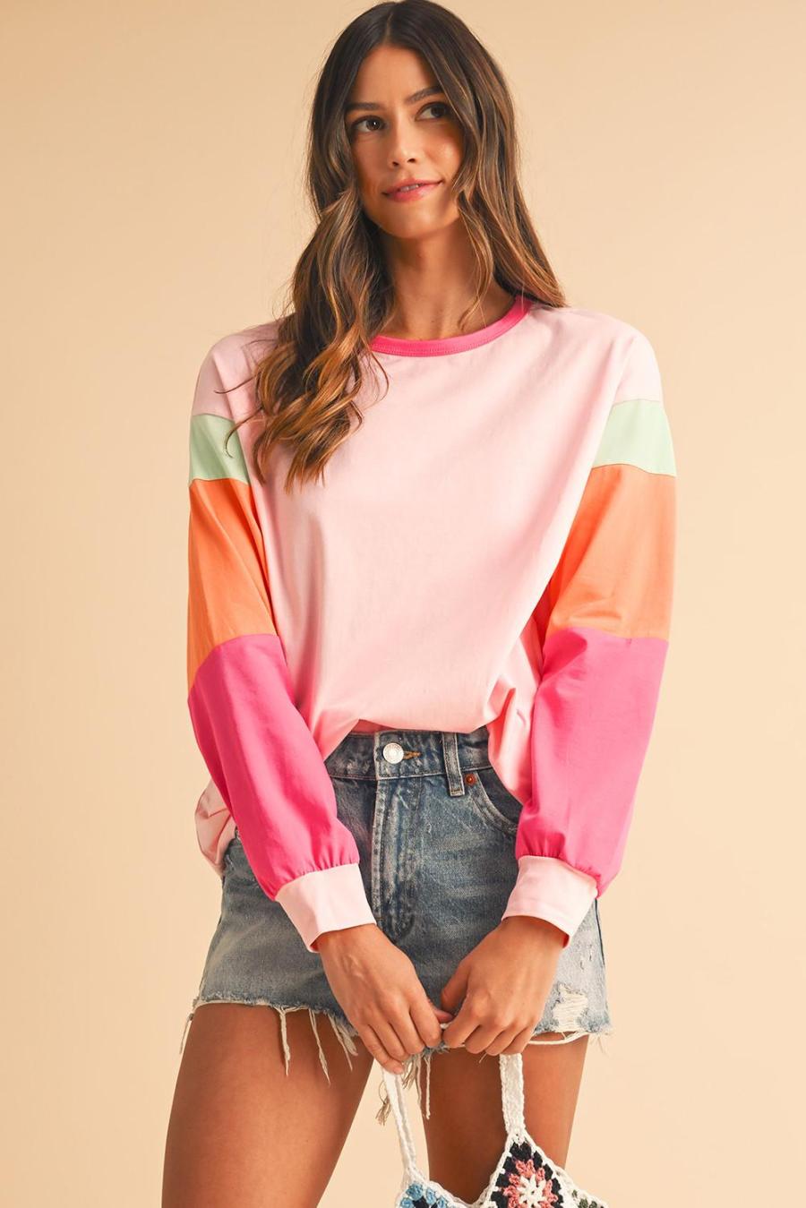 Women Long Sleeve Tops | Pink Color Block Sleeve Loose Fit Top