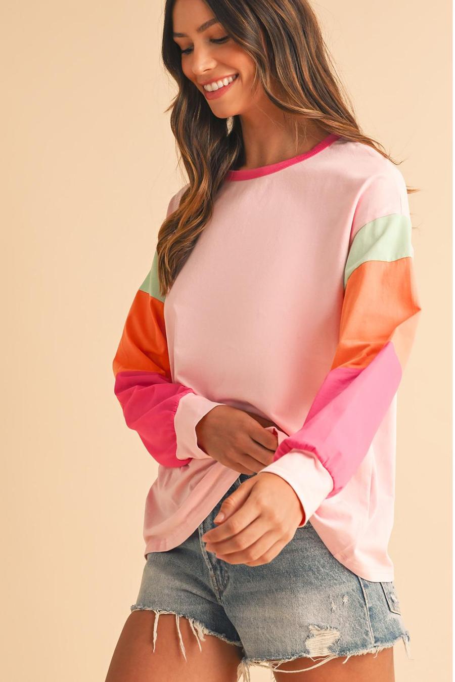 Women Long Sleeve Tops | Pink Color Block Sleeve Loose Fit Top
