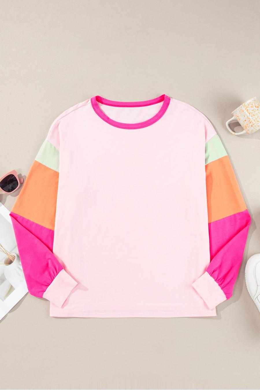 Women Long Sleeve Tops | Pink Color Block Sleeve Loose Fit Top