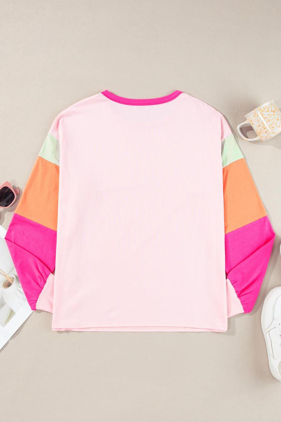 Women Long Sleeve Tops | Pink Color Block Sleeve Loose Fit Top