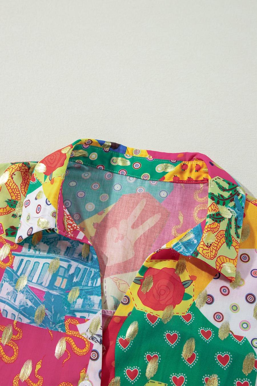 Women Long Sleeve Tops | Rose Red Abstract Print Colorblock Long Sleeve Shirt