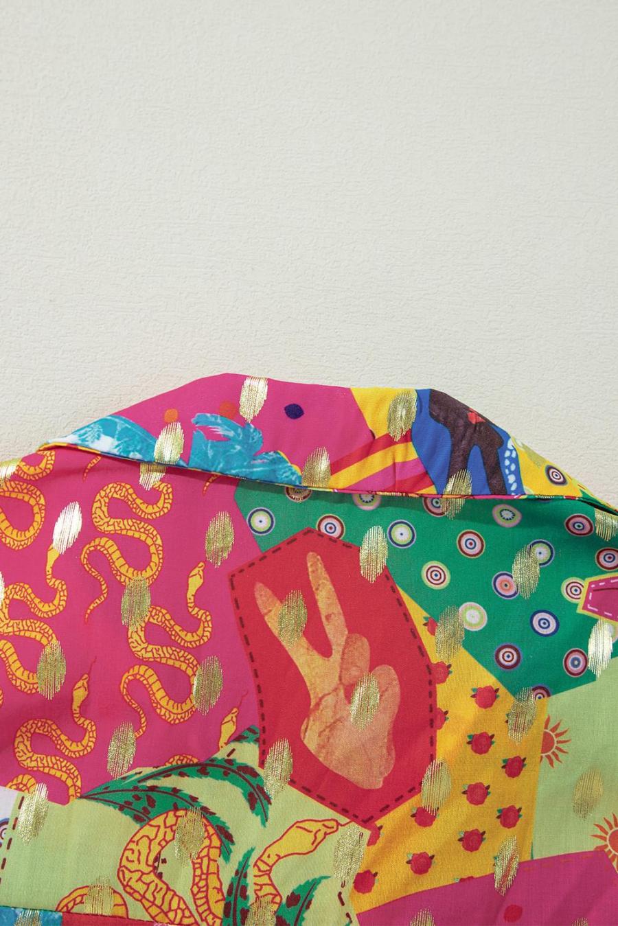 Women Long Sleeve Tops | Rose Red Abstract Print Colorblock Long Sleeve Shirt