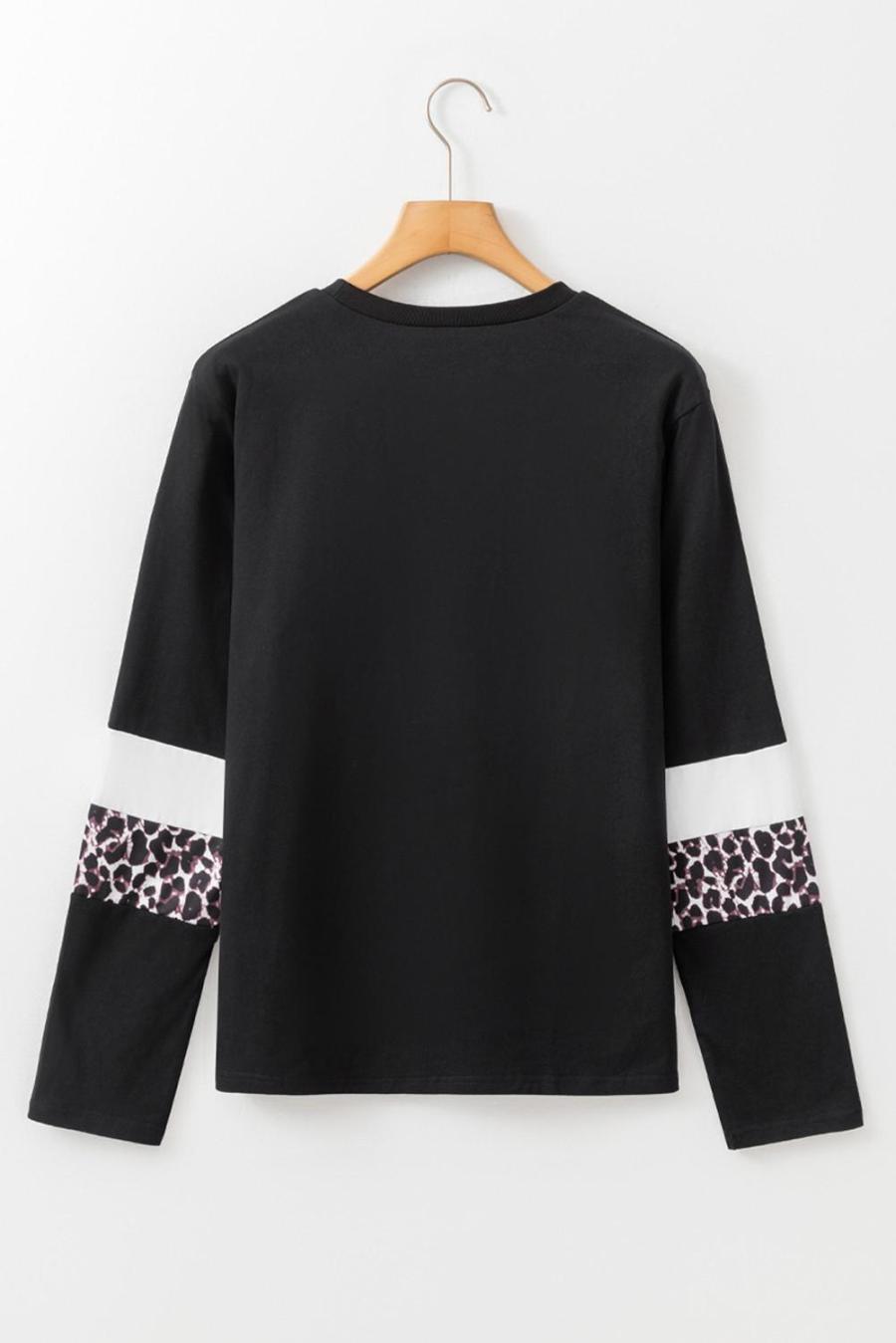 Women Long Sleeve Tops | White Leopard Colorblock Patchwork Crew Neck Top