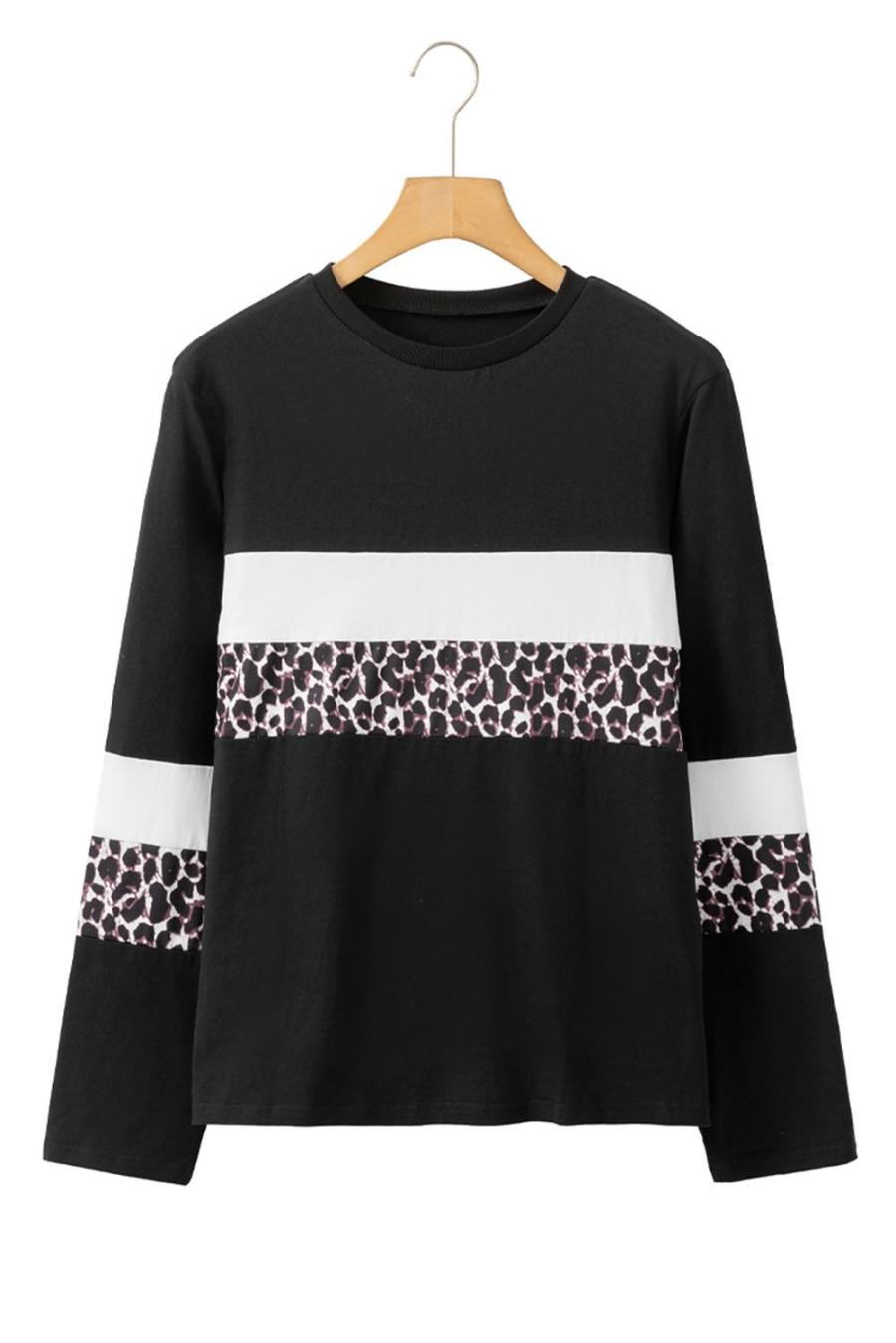 Women Long Sleeve Tops | White Leopard Colorblock Patchwork Crew Neck Top