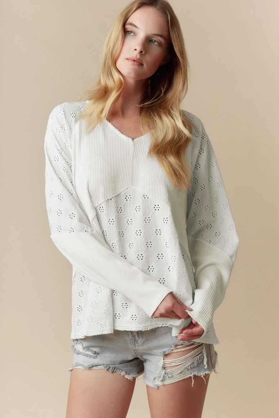 Women Long Sleeve Tops | White Twisted Rib Patchwork Floral Embroidered Loose Long Sleeve Top