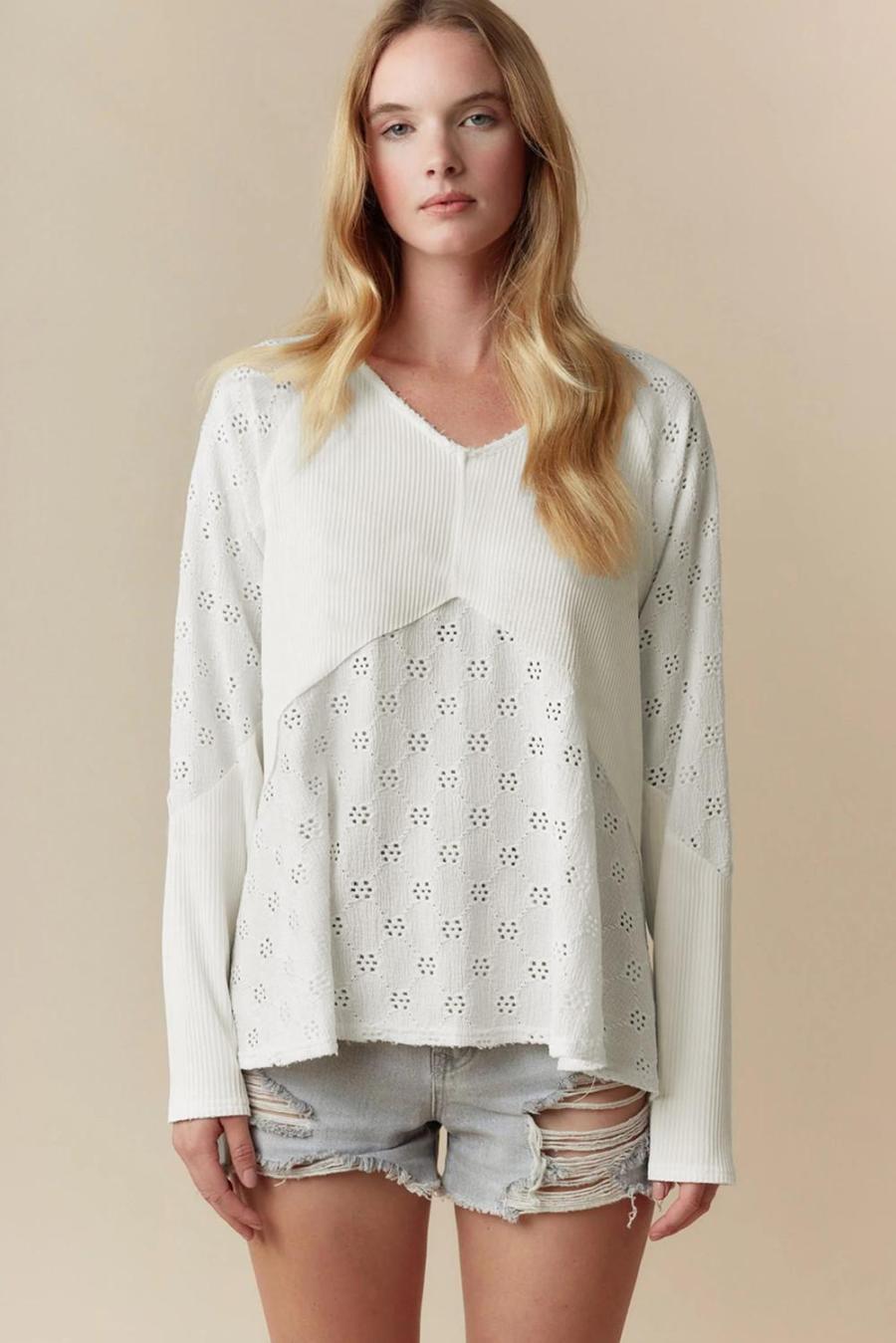 Women Long Sleeve Tops | White Twisted Rib Patchwork Floral Embroidered Loose Long Sleeve Top