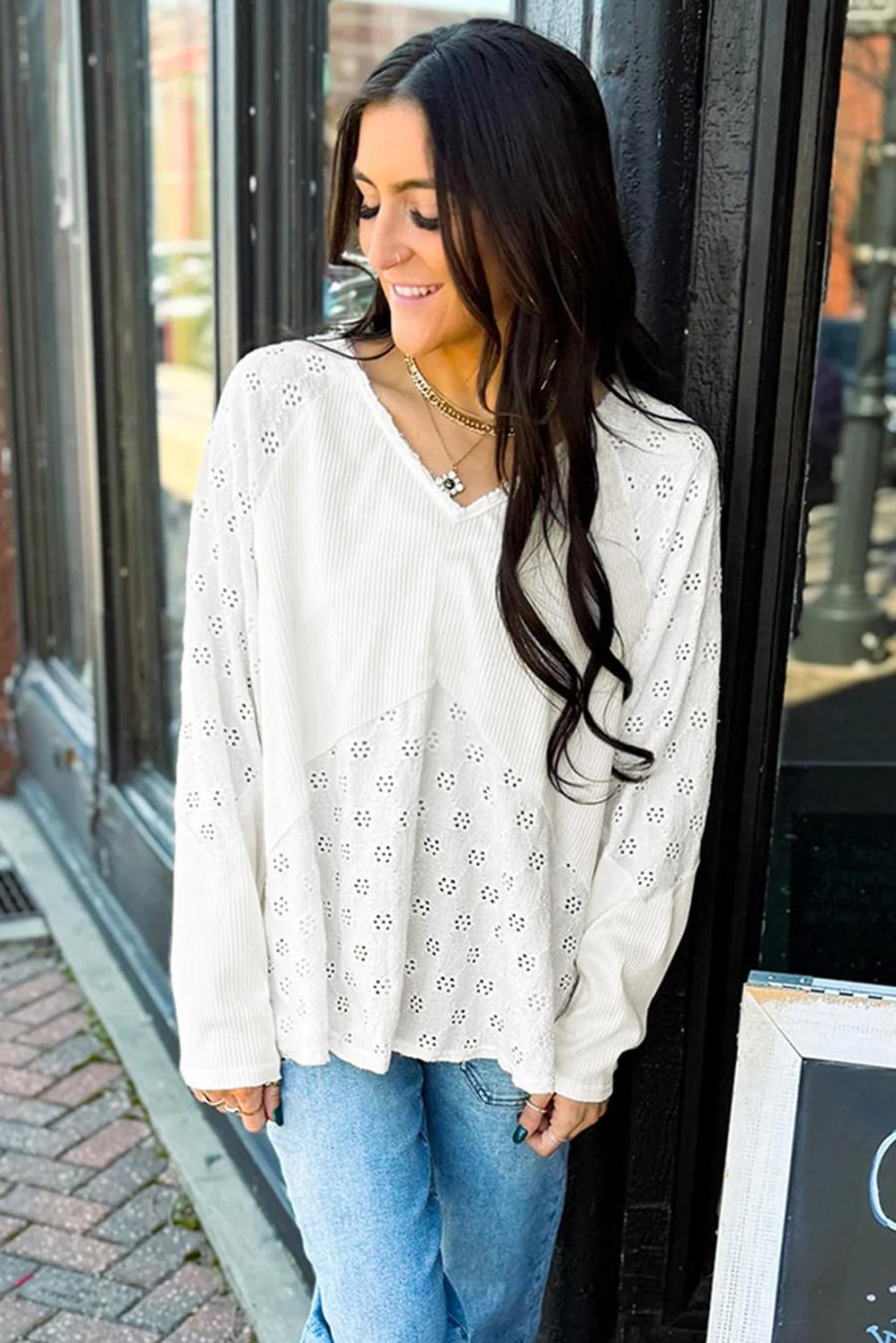 Women Long Sleeve Tops | White Twisted Rib Patchwork Floral Embroidered Loose Long Sleeve Top