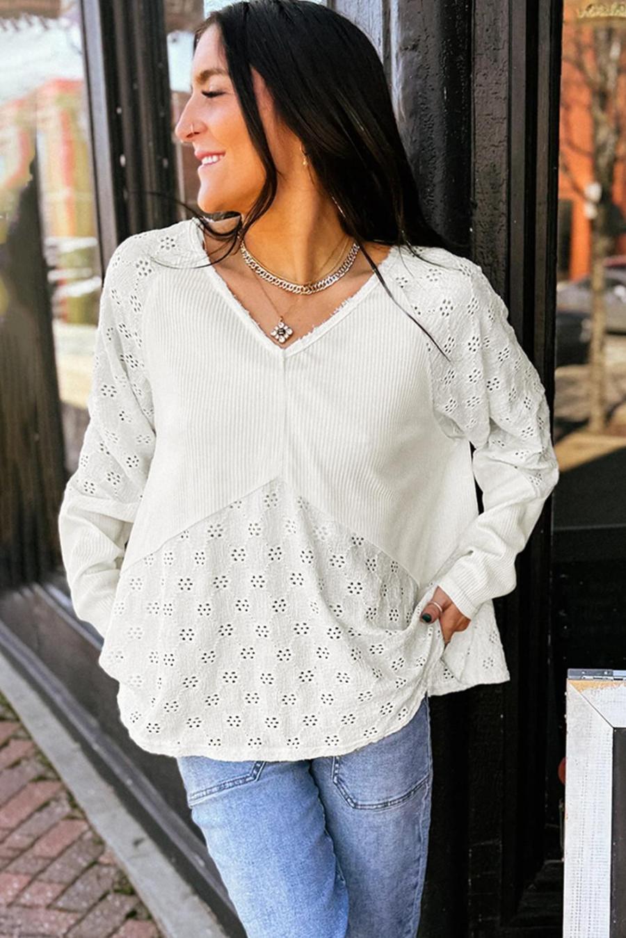 Women Long Sleeve Tops | White Twisted Rib Patchwork Floral Embroidered Loose Long Sleeve Top