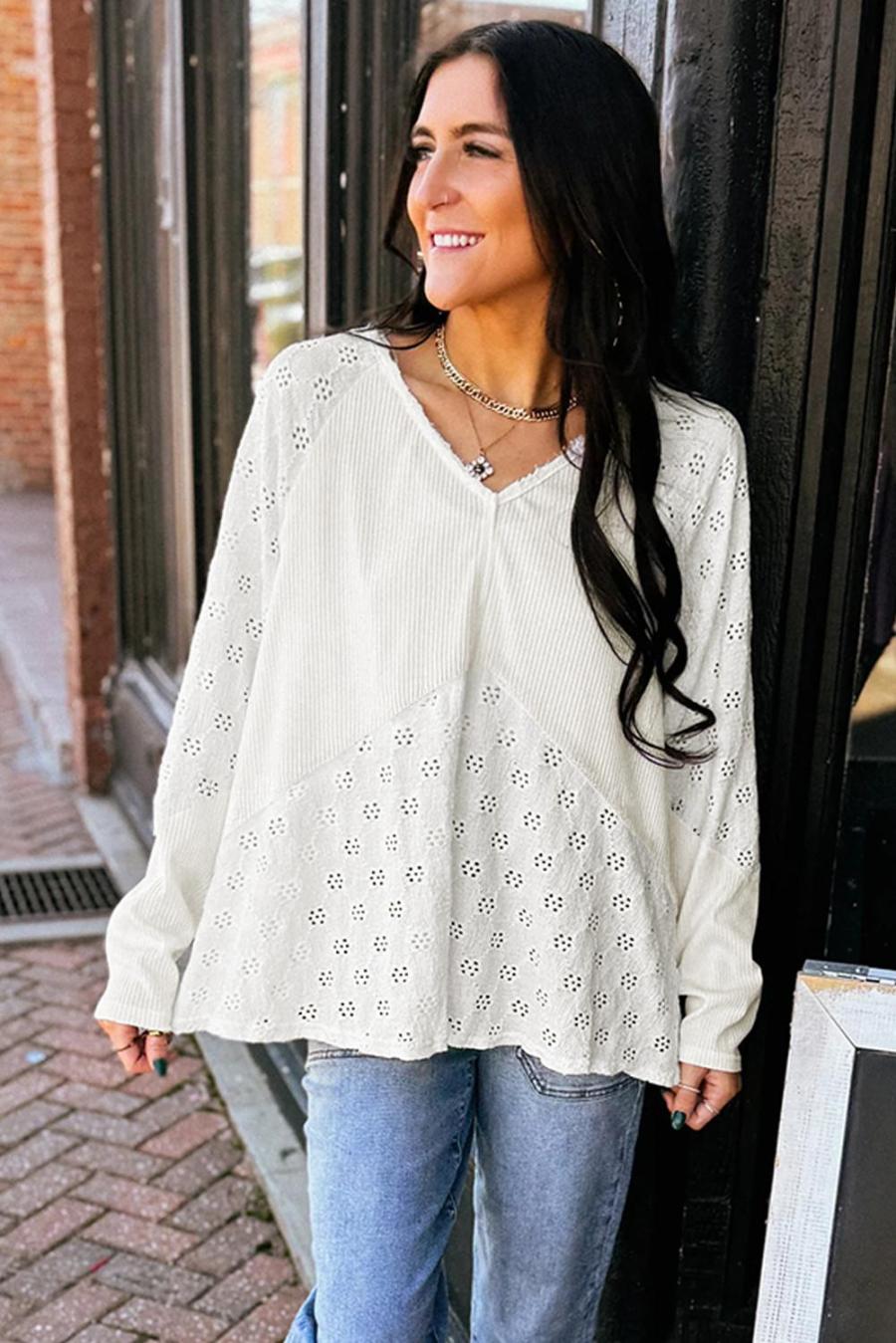 Women Long Sleeve Tops | White Twisted Rib Patchwork Floral Embroidered Loose Long Sleeve Top