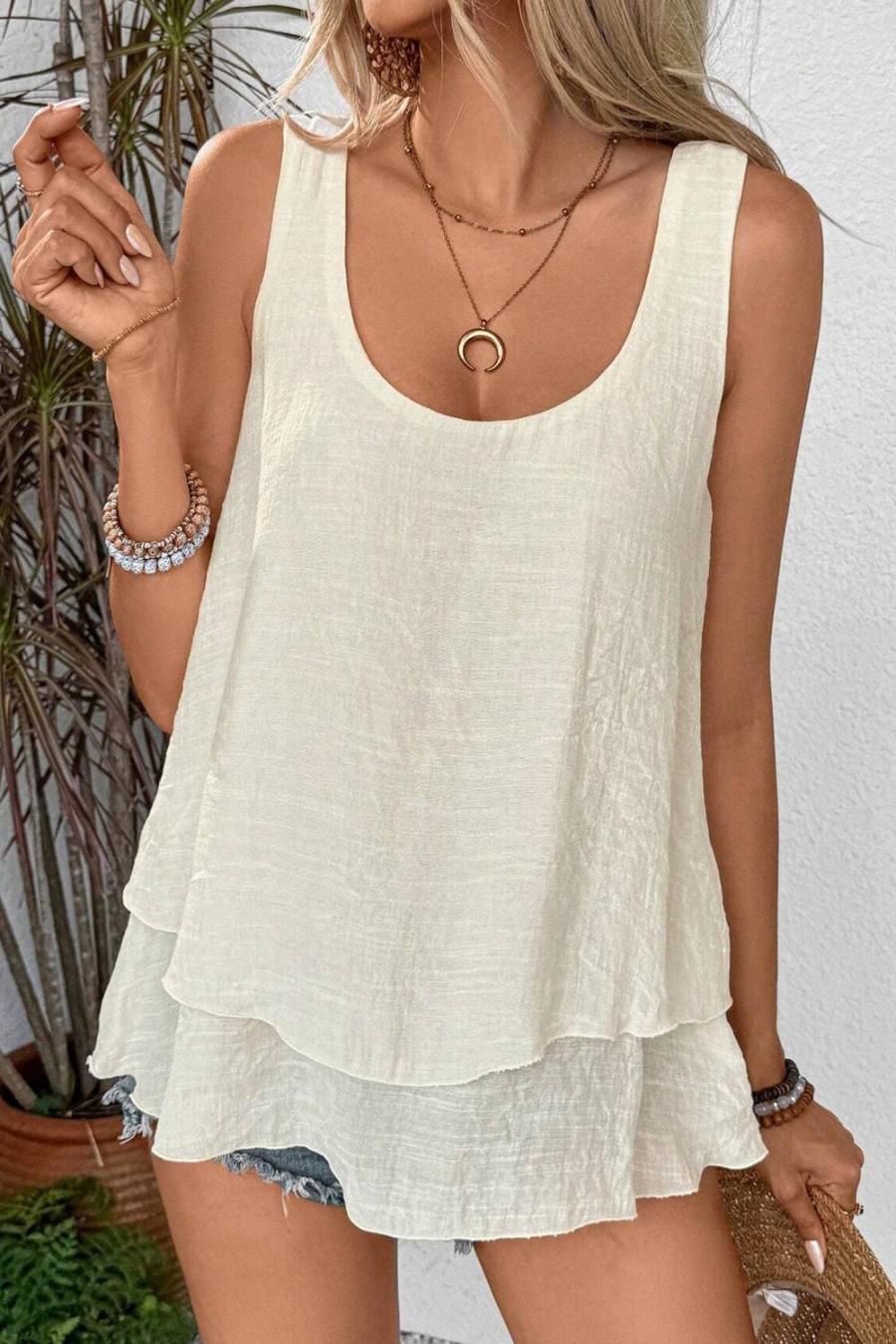 Women Sleeveless Tops | Beige Sleeveless Double Layer Shift Tank Top
