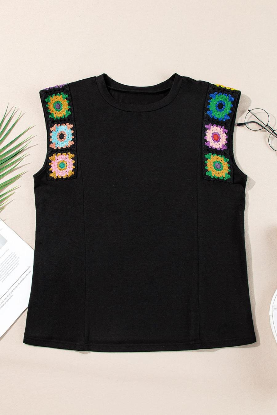 Women Sleeveless Tops | Black Floral Crochet Patchwork Crew Neck Sleeveless Top