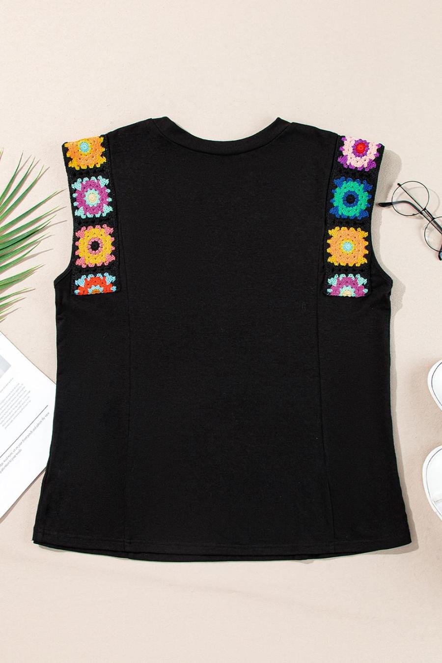 Women Sleeveless Tops | Black Floral Crochet Patchwork Crew Neck Sleeveless Top