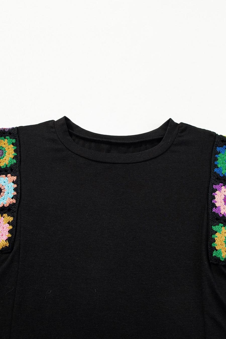 Women Sleeveless Tops | Black Floral Crochet Patchwork Crew Neck Sleeveless Top