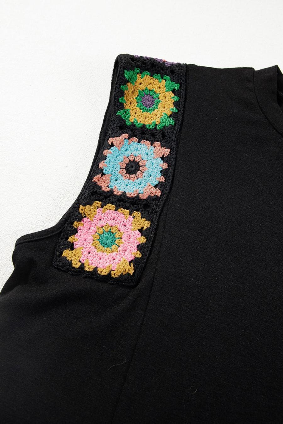 Women Sleeveless Tops | Black Floral Crochet Patchwork Crew Neck Sleeveless Top
