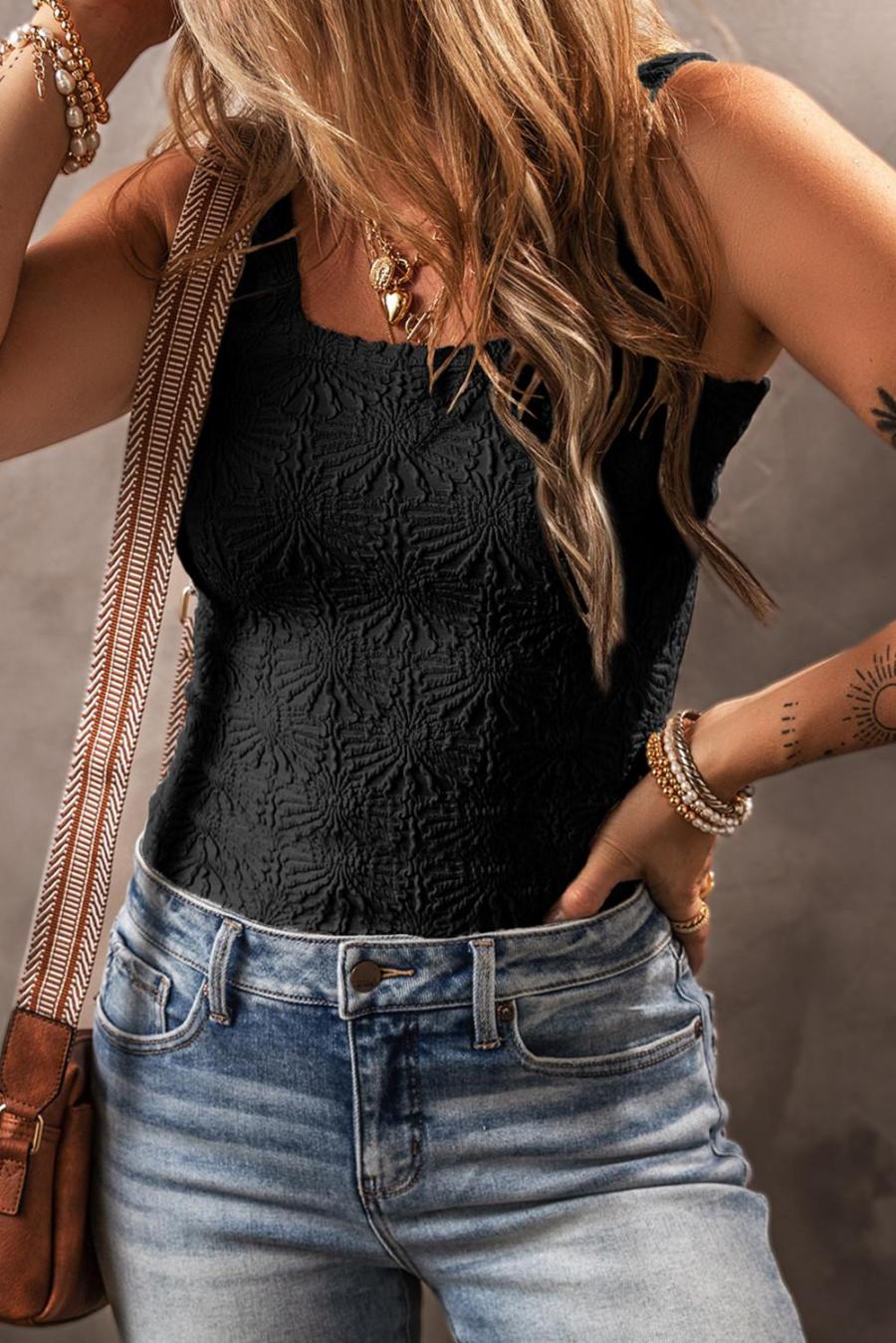 Women Sleeveless Tops | Black Floral Jacquard Square Neck Tank Top