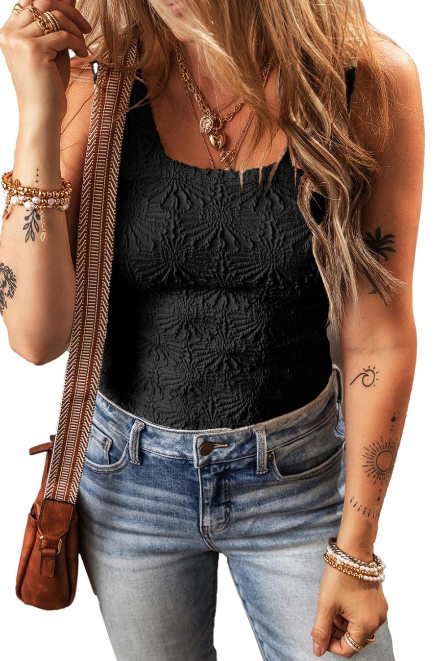Women Sleeveless Tops | Black Floral Jacquard Square Neck Tank Top