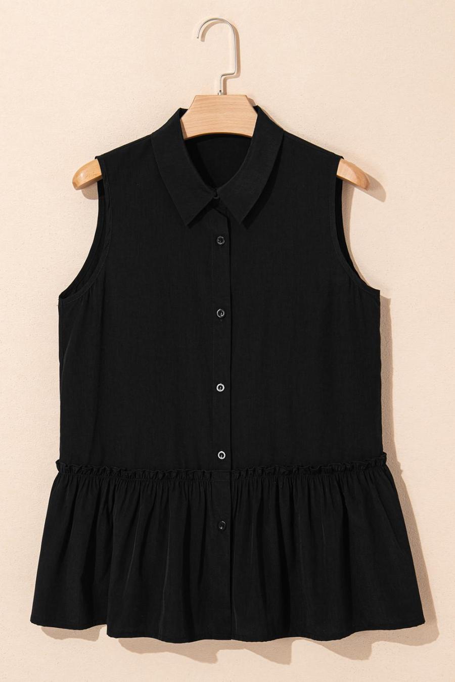 Women Sleeveless Tops | Black Plain Frill Ruffle Hem Sleeveless Shirt