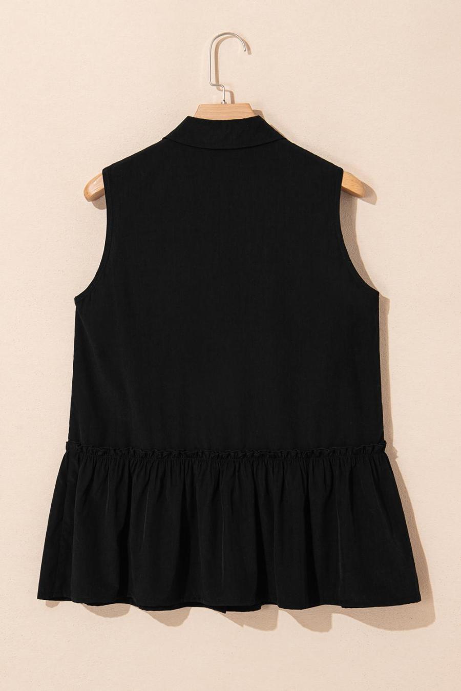 Women Sleeveless Tops | Black Plain Frill Ruffle Hem Sleeveless Shirt