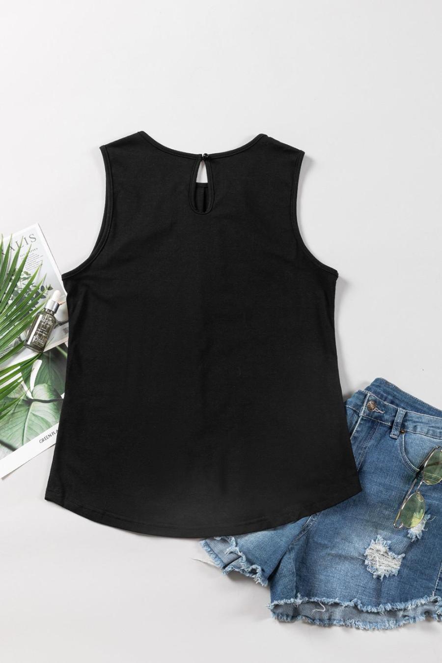 Women Sleeveless Tops | Black Pleated Round Neck Sleeveless Top