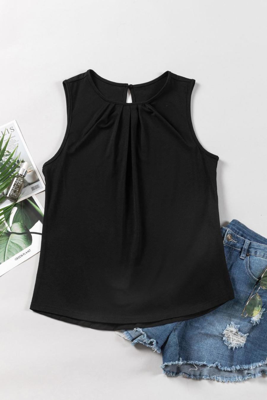 Women Sleeveless Tops | Black Pleated Round Neck Sleeveless Top