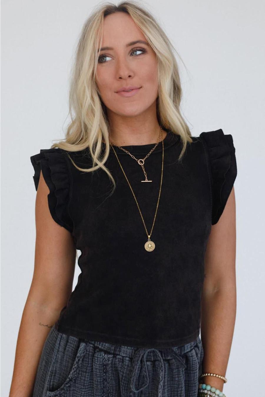 Women Sleeveless Tops | Black Ruffle Crew Neck Slim Fit Top