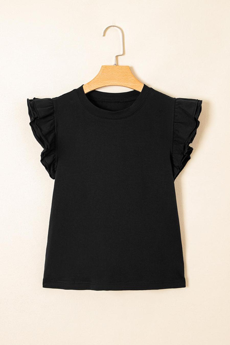 Women Sleeveless Tops | Black Ruffle Crew Neck Slim Fit Top