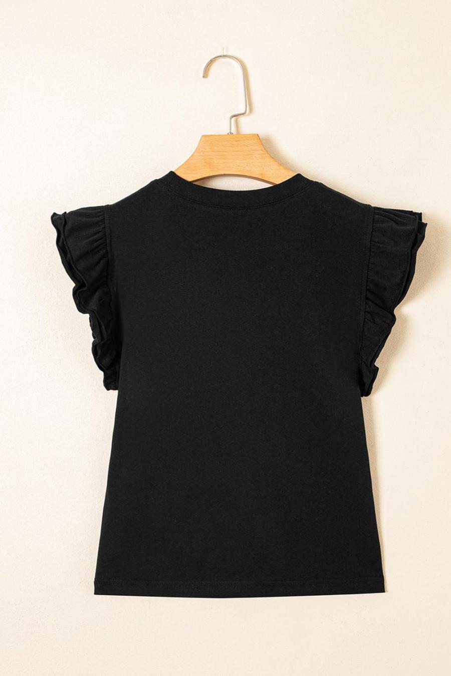 Women Sleeveless Tops | Black Ruffle Crew Neck Slim Fit Top