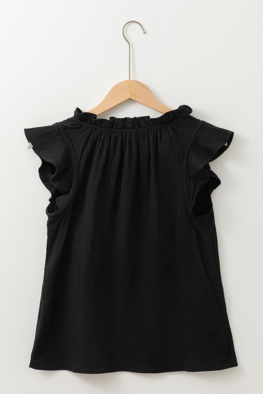 Women Sleeveless Tops | Black Ruffle Shoulder V Neck Sleeveless Top