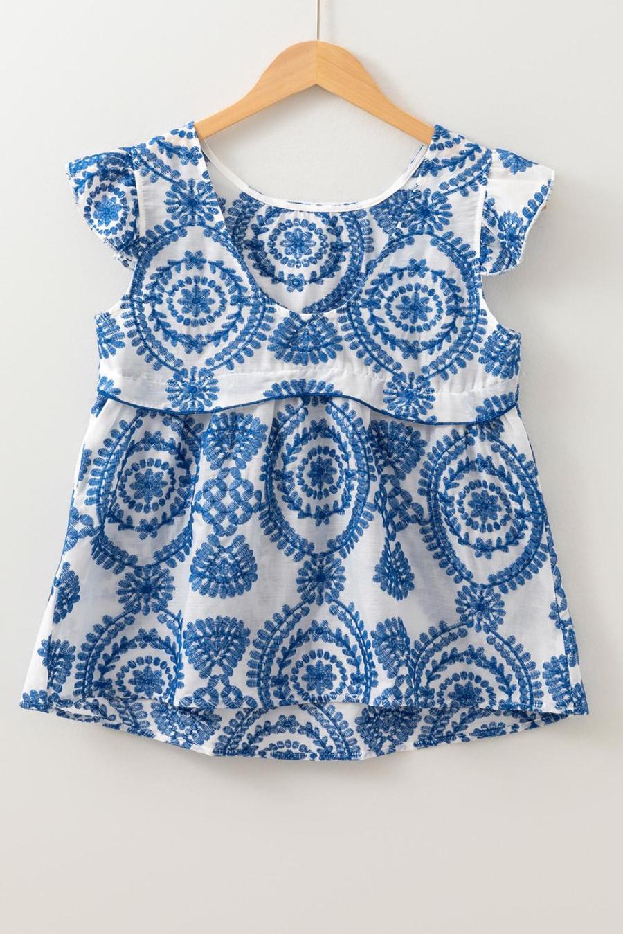 Women Sleeveless Tops | Blue Boho Floral Ruffle Sleeveless Blouse