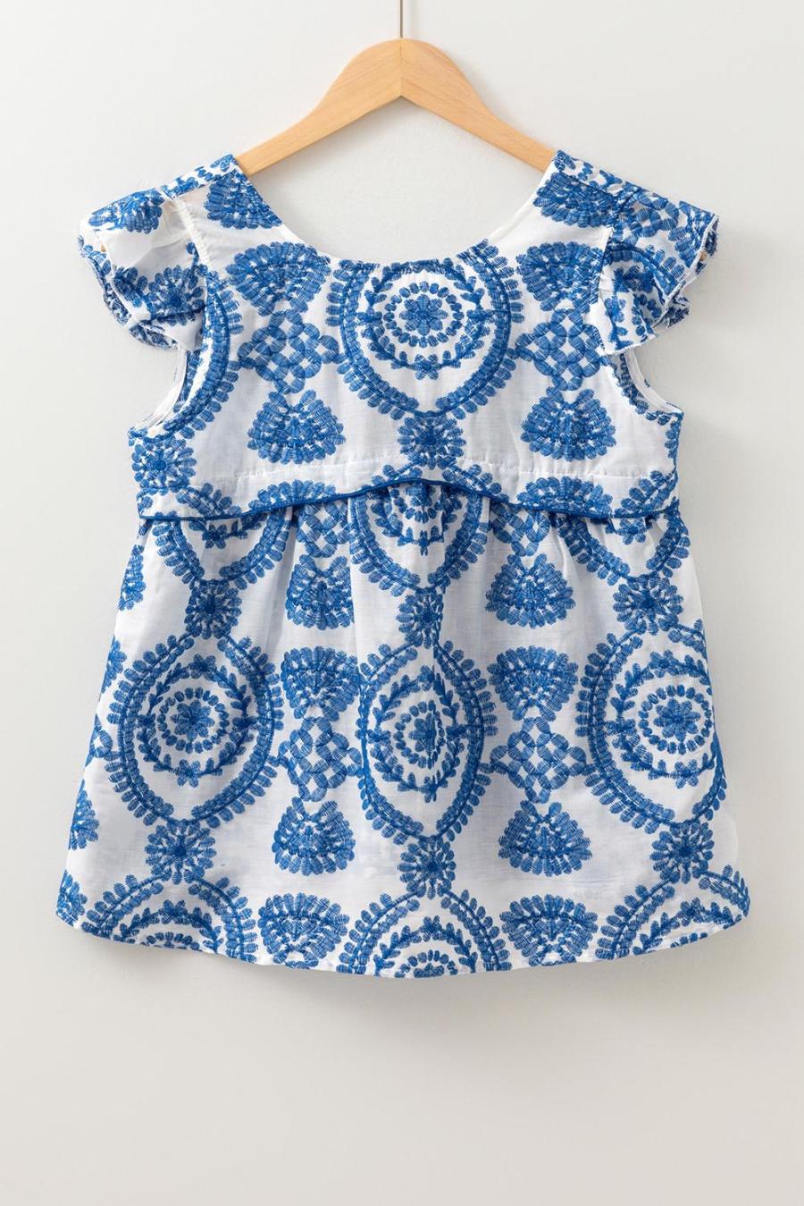 Women Sleeveless Tops | Blue Boho Floral Ruffle Sleeveless Blouse