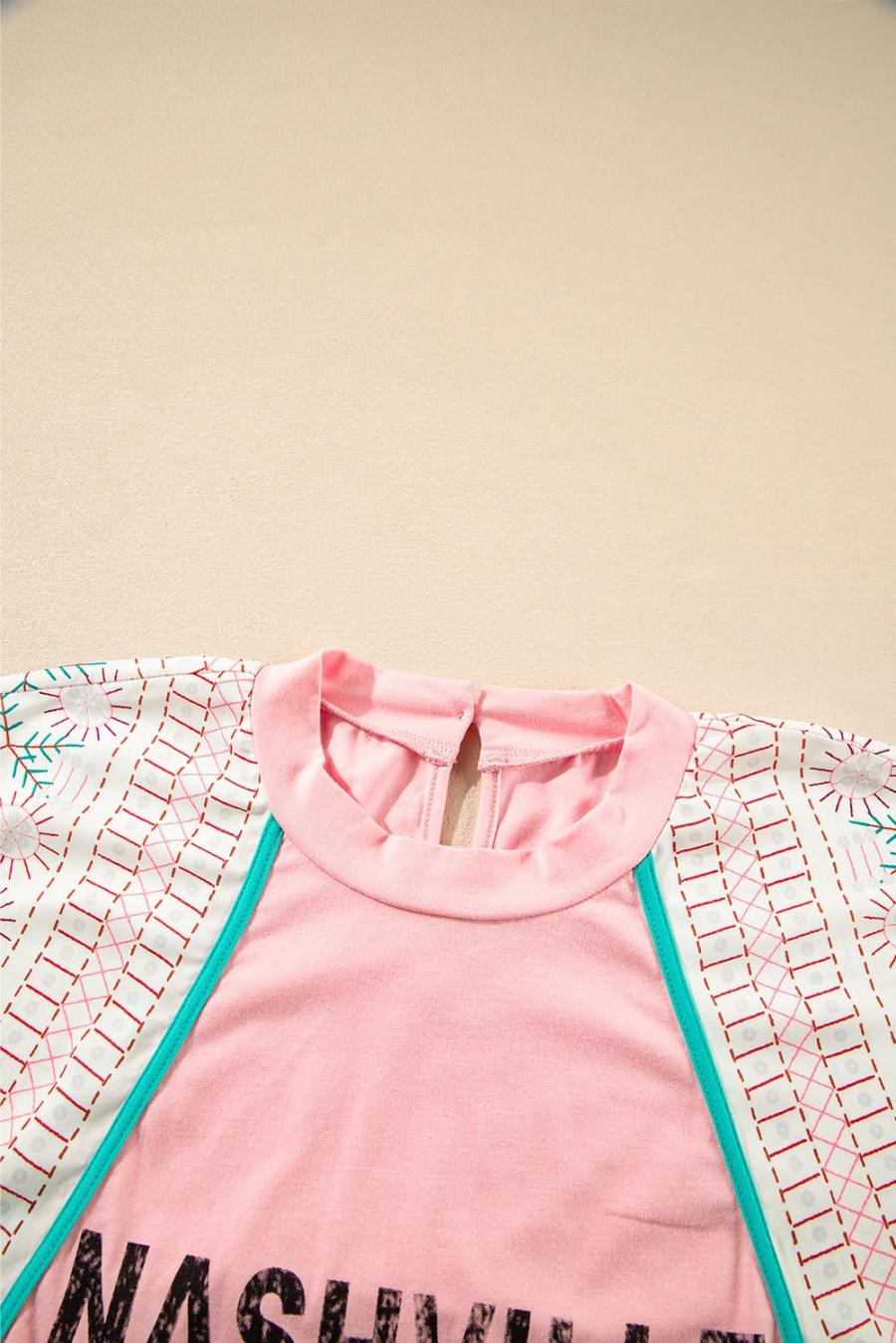 Women Sleeveless Tops | Light Pink Vintage Nashville Print Patchwork Sleeveless Top