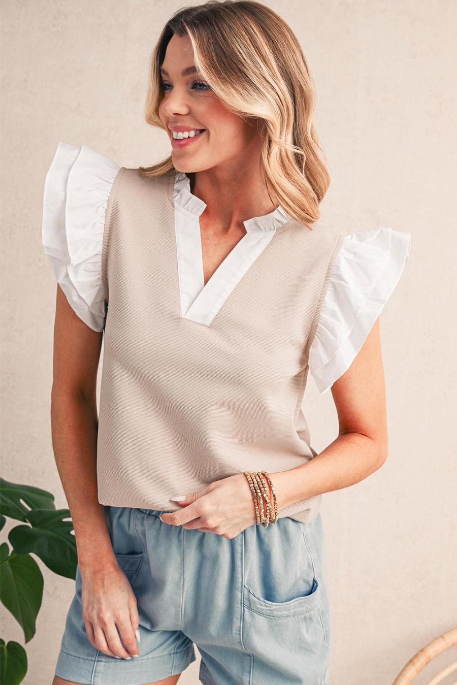 Women Sleeveless Tops | Pale Khaki Frill V Neck Ruffle Textured Top
