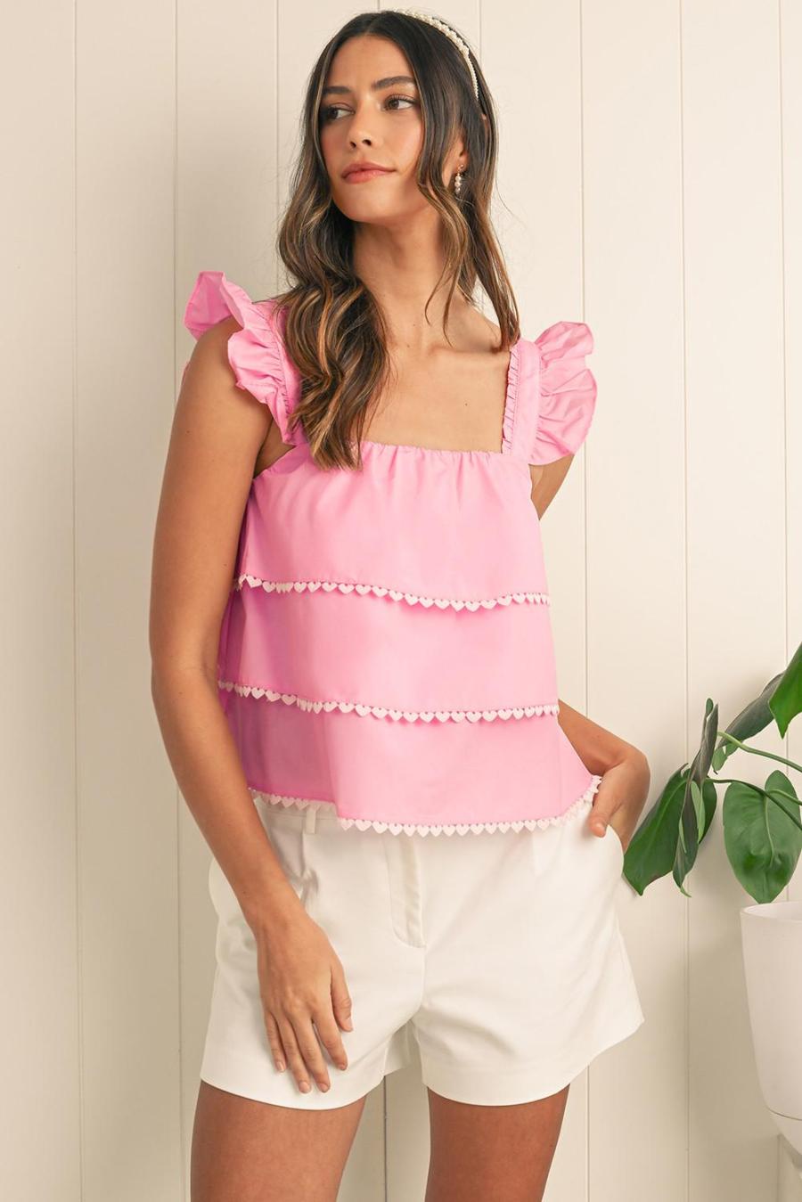 Women Sleeveless Tops | Pink Frill Square Neck Layered Ruffle Sleeveless Shirt
