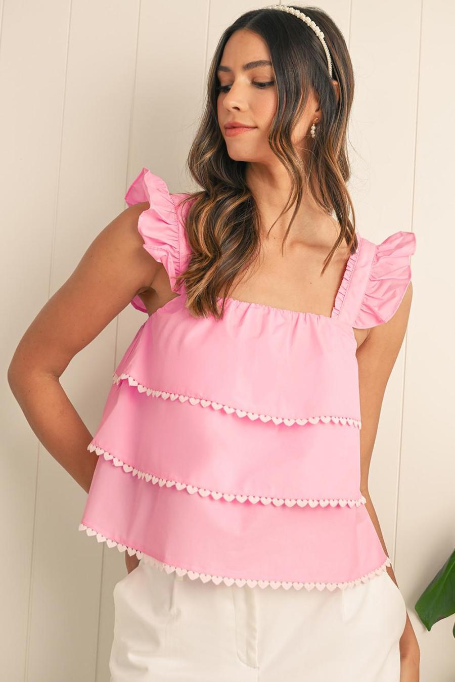 Women Sleeveless Tops | Pink Frill Square Neck Layered Ruffle Sleeveless Shirt