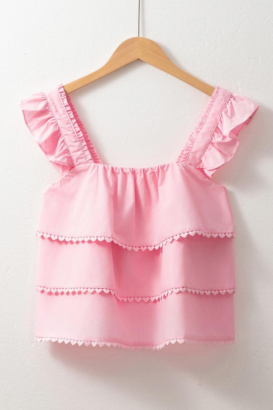 Women Sleeveless Tops | Pink Frill Square Neck Layered Ruffle Sleeveless Shirt