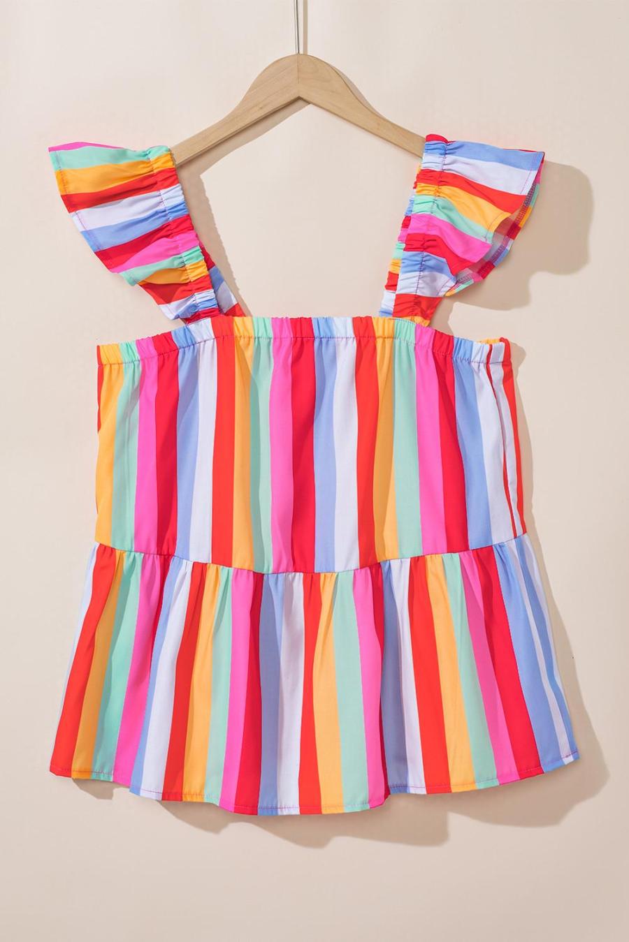 Women Sleeveless Tops | Red Stripe Ruffle Straps Babydoll Tank Top