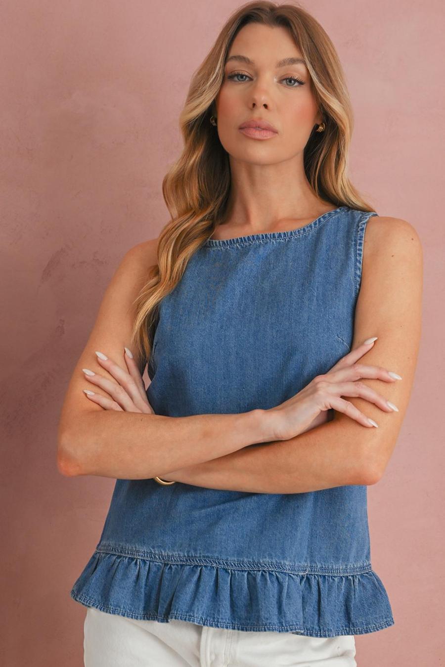 Women Sleeveless Tops | Sky Blue Ruffle Hem Button Back Sleeveless Denim Top