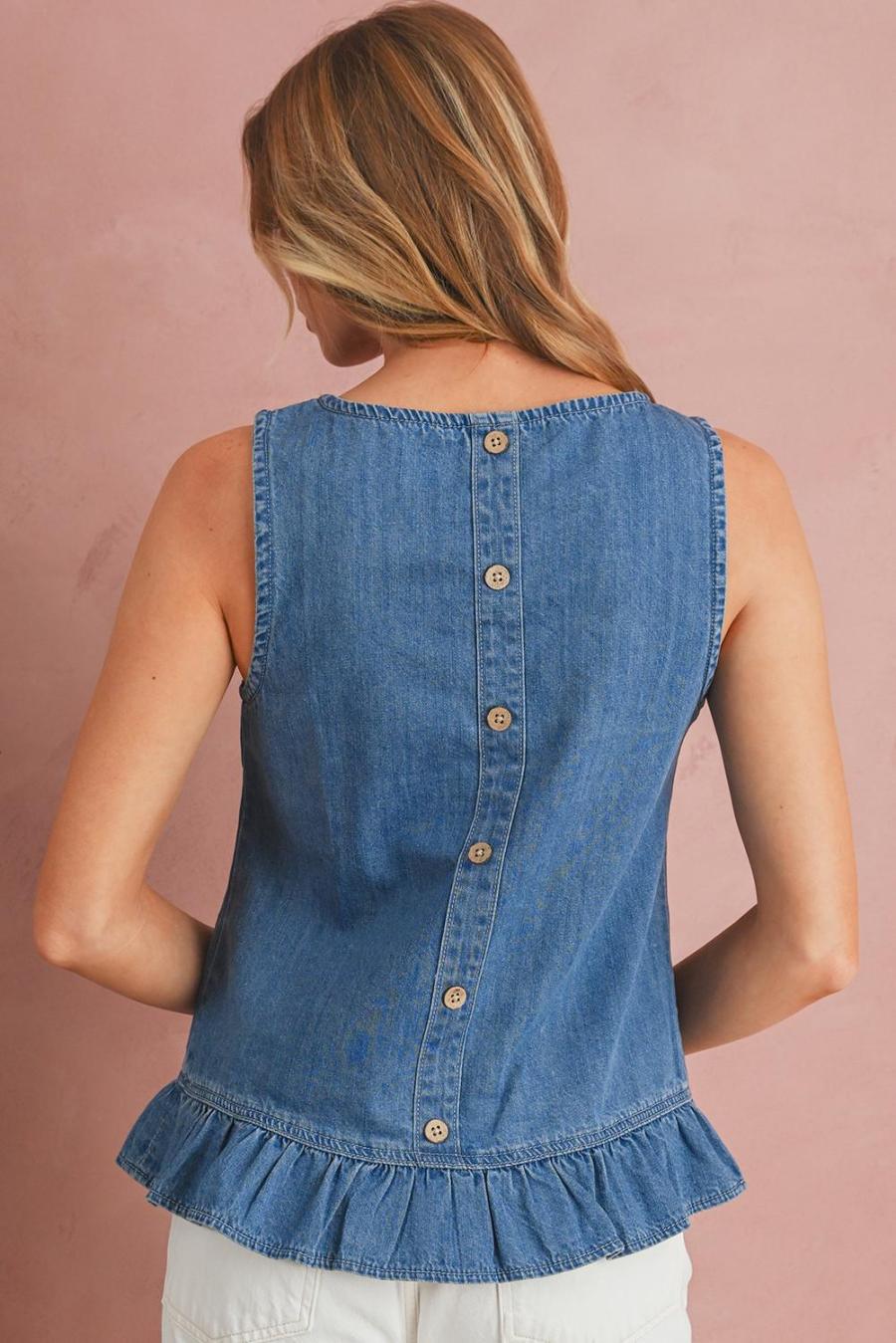 Women Sleeveless Tops | Sky Blue Ruffle Hem Button Back Sleeveless Denim Top