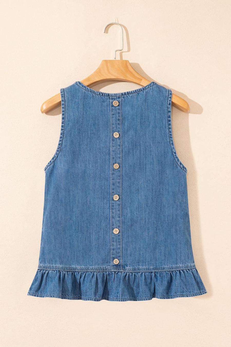 Women Sleeveless Tops | Sky Blue Ruffle Hem Button Back Sleeveless Denim Top