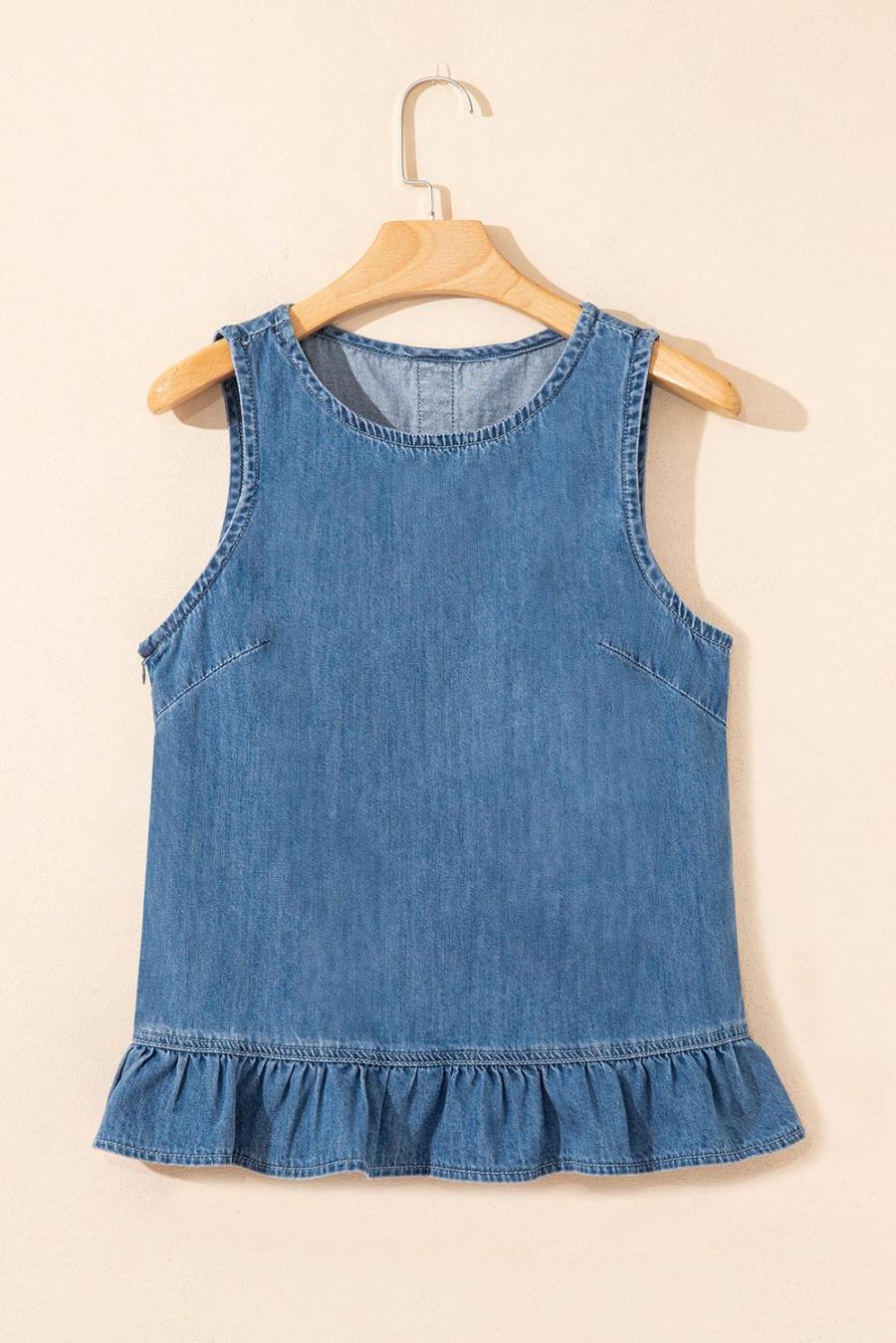 Women Sleeveless Tops | Sky Blue Ruffle Hem Button Back Sleeveless Denim Top