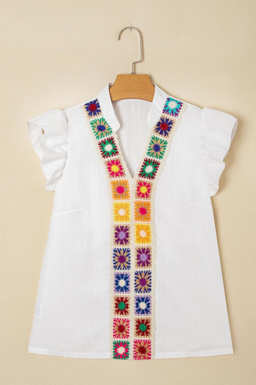 Women Sleeveless Tops | White Crochet Floral Notch V Neck Textured Blouse