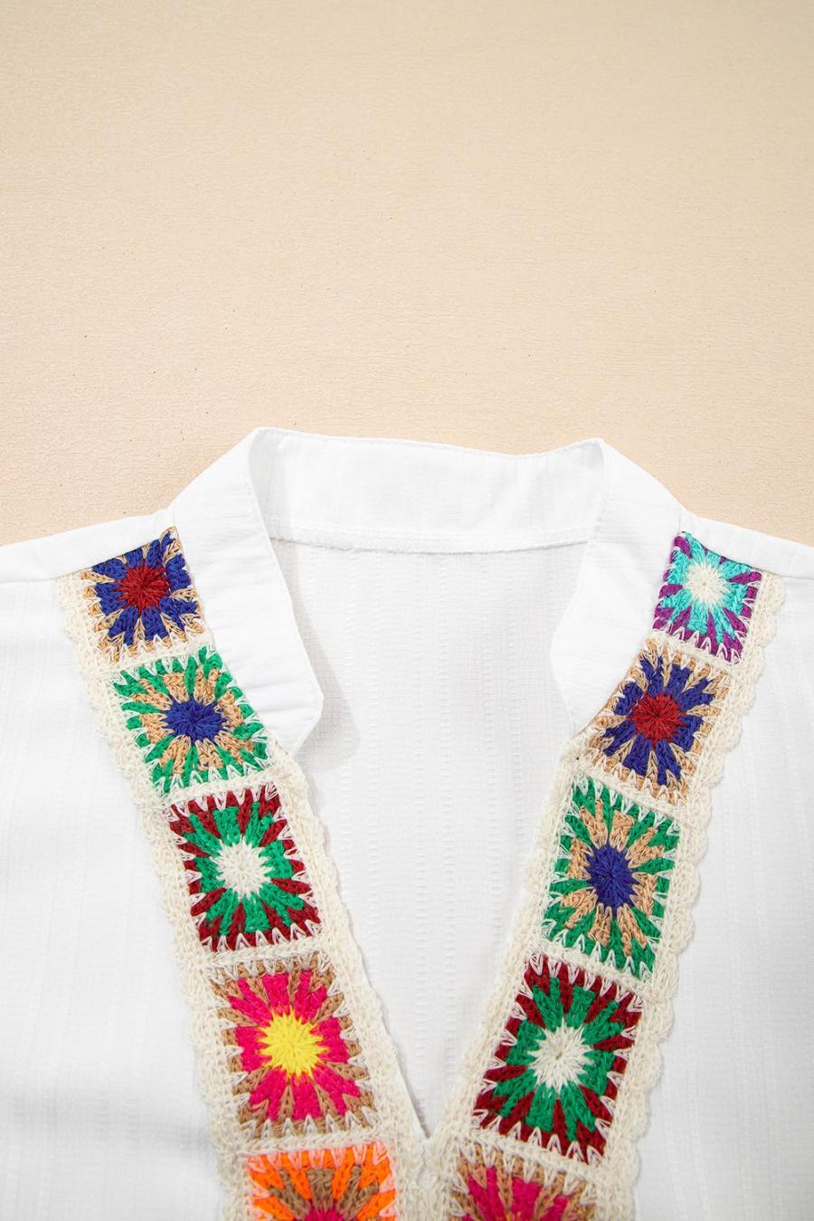 Women Sleeveless Tops | White Crochet Floral Notch V Neck Textured Blouse